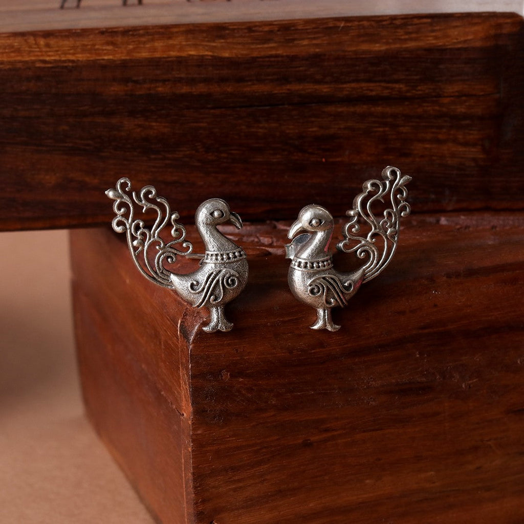 Elegant Peacock Statement Earrings – Antique Silver Finish, Intricate Traditional Peacock Design