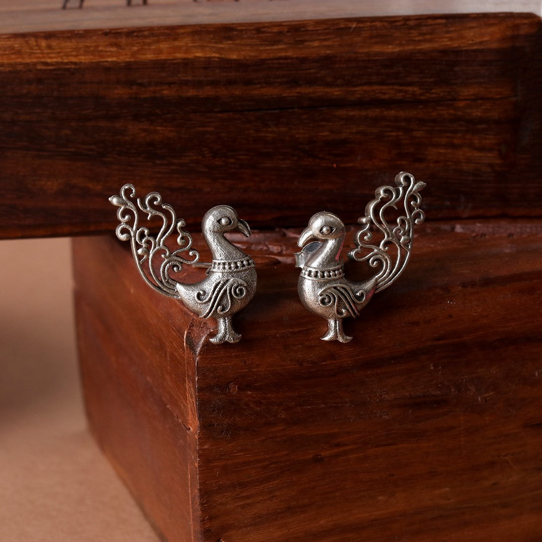 Elegant Peacock Statement Earrings – Antique Silver Finish, Intricate Traditional Peacock Design