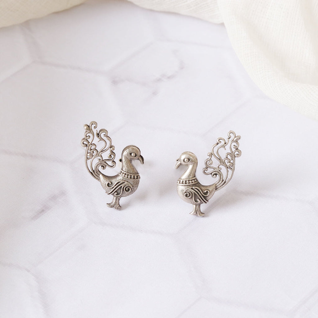 Elegant Peacock Statement Earrings – Antique Silver Finish, Intricate Traditional Peacock Design