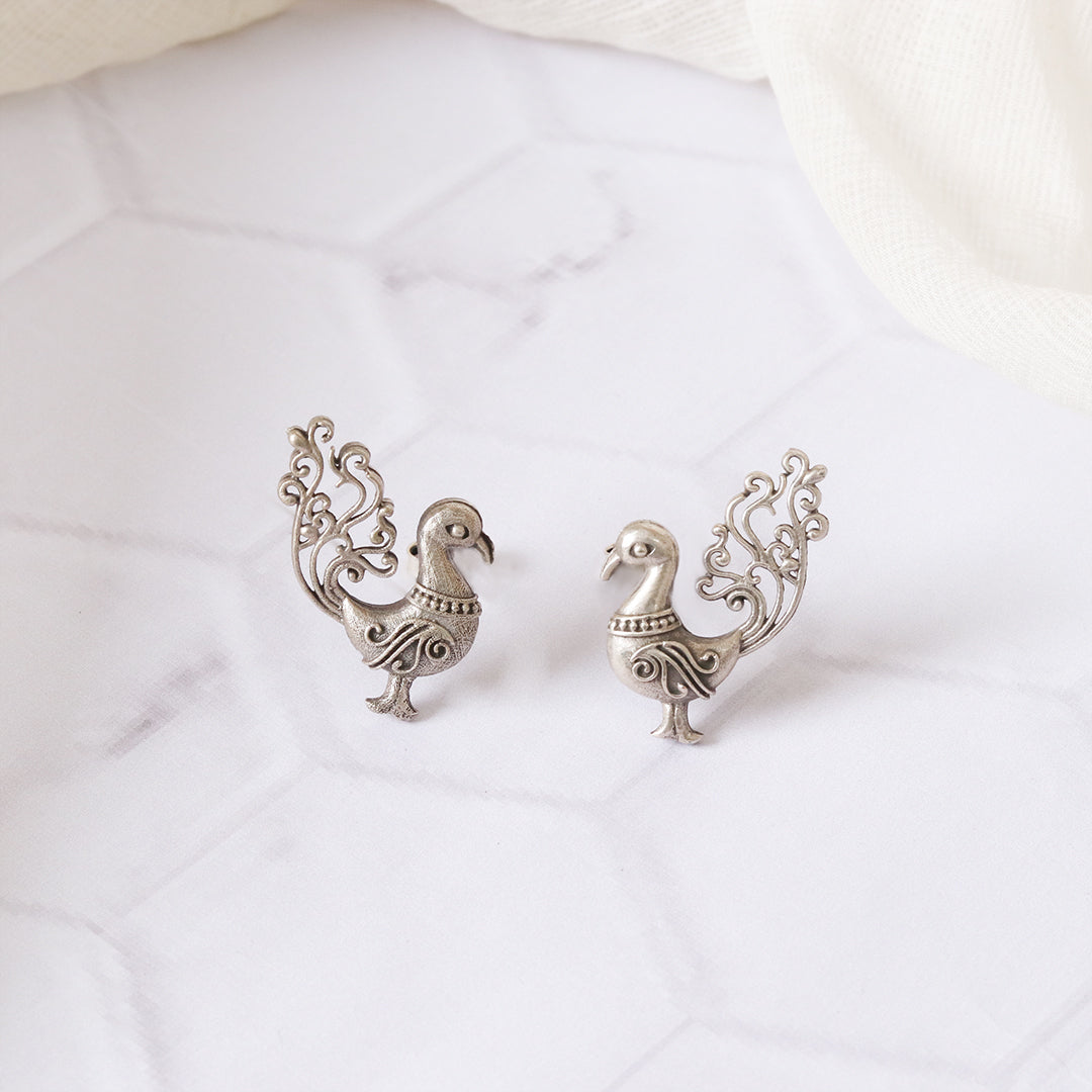 Elegant Peacock Statement Earrings – Antique Silver Finish, Intricate Traditional Peacock Design