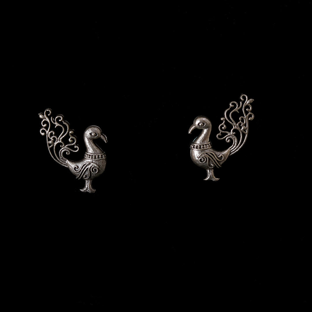 Elegant Peacock Statement Earrings – Antique Silver Finish, Intricate Traditional Peacock Design