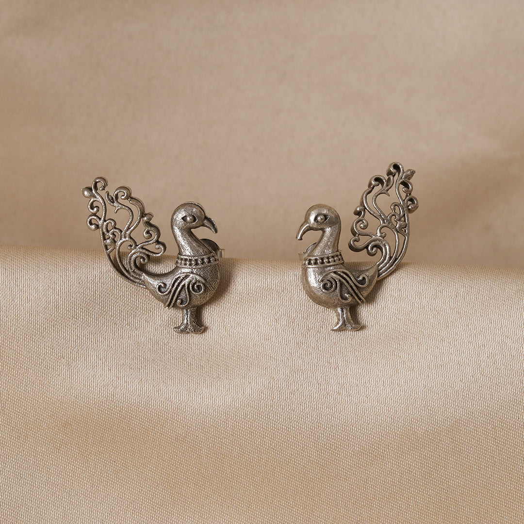Elegant Peacock Statement Earrings – Antique Silver Finish, Intricate Traditional Peacock Design
