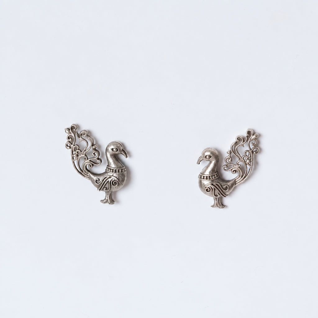 Elegant Peacock Statement Earrings – Antique Silver Finish, Intricate Traditional Peacock Design