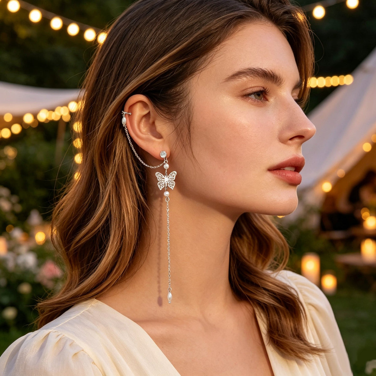 Crystal Pearl Butterfly Ear Cuff – Elegant Long Chain Cartilage Earring