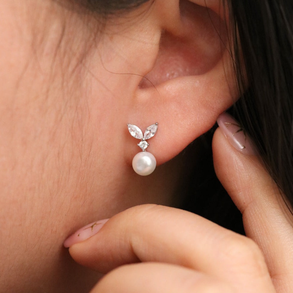 Cubic Leaf Pearl Drop Earrings-0