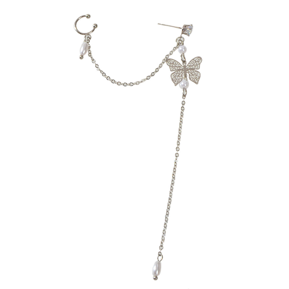Crystal Pearl Butterfly Ear Cuff – Elegant Long Chain Cartilage Earring