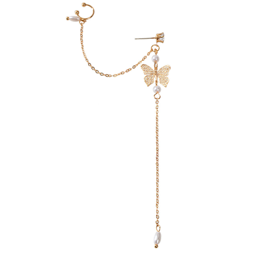 Crystal Pearl Butterfly Ear Cuff – Elegant Long Chain Cartilage Earring