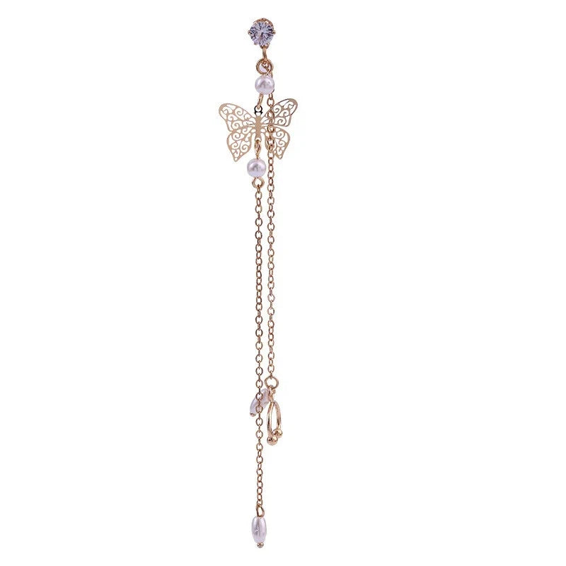 Crystal Pearl Butterfly Ear Cuff – Elegant Long Chain Cartilage Earring