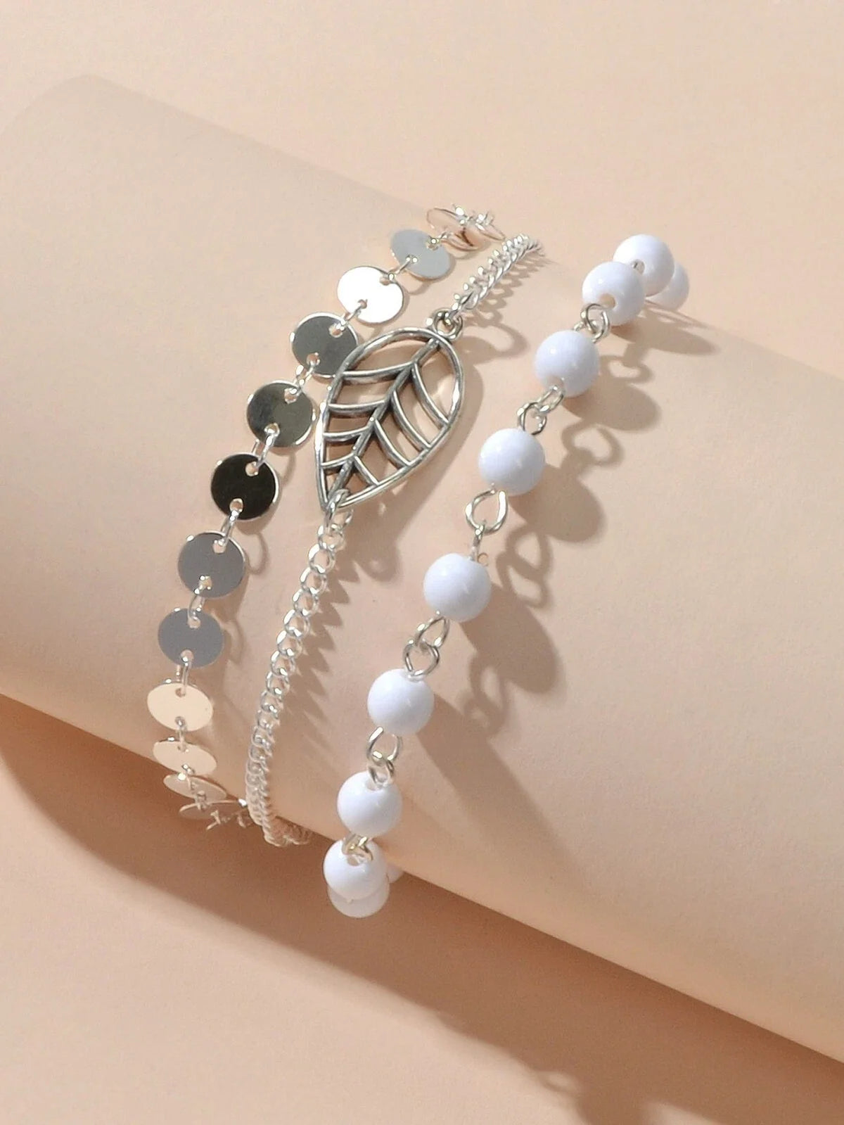 1 pc Foot Beach Jewellery Gold Silver Multi-layer Chain White Beads Leaf Anklet