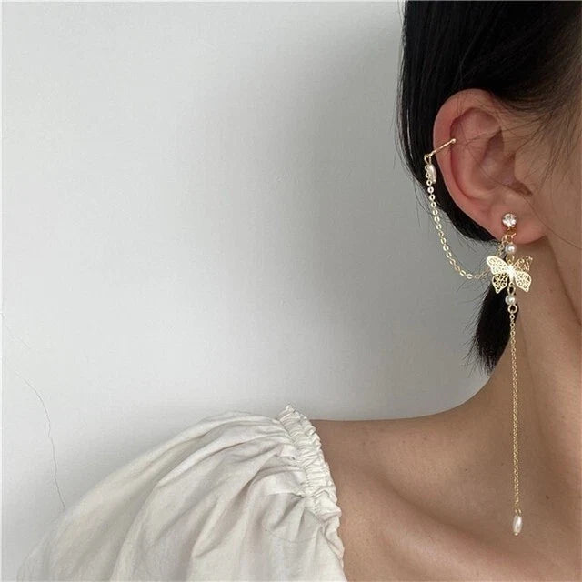 Crystal Pearl Butterfly Ear Cuff – Elegant Long Chain Cartilage Earring