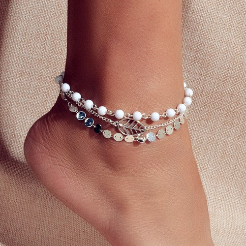 1 pc Foot Beach Jewellery Gold Silver Multi-layer Chain White Beads Leaf Anklet